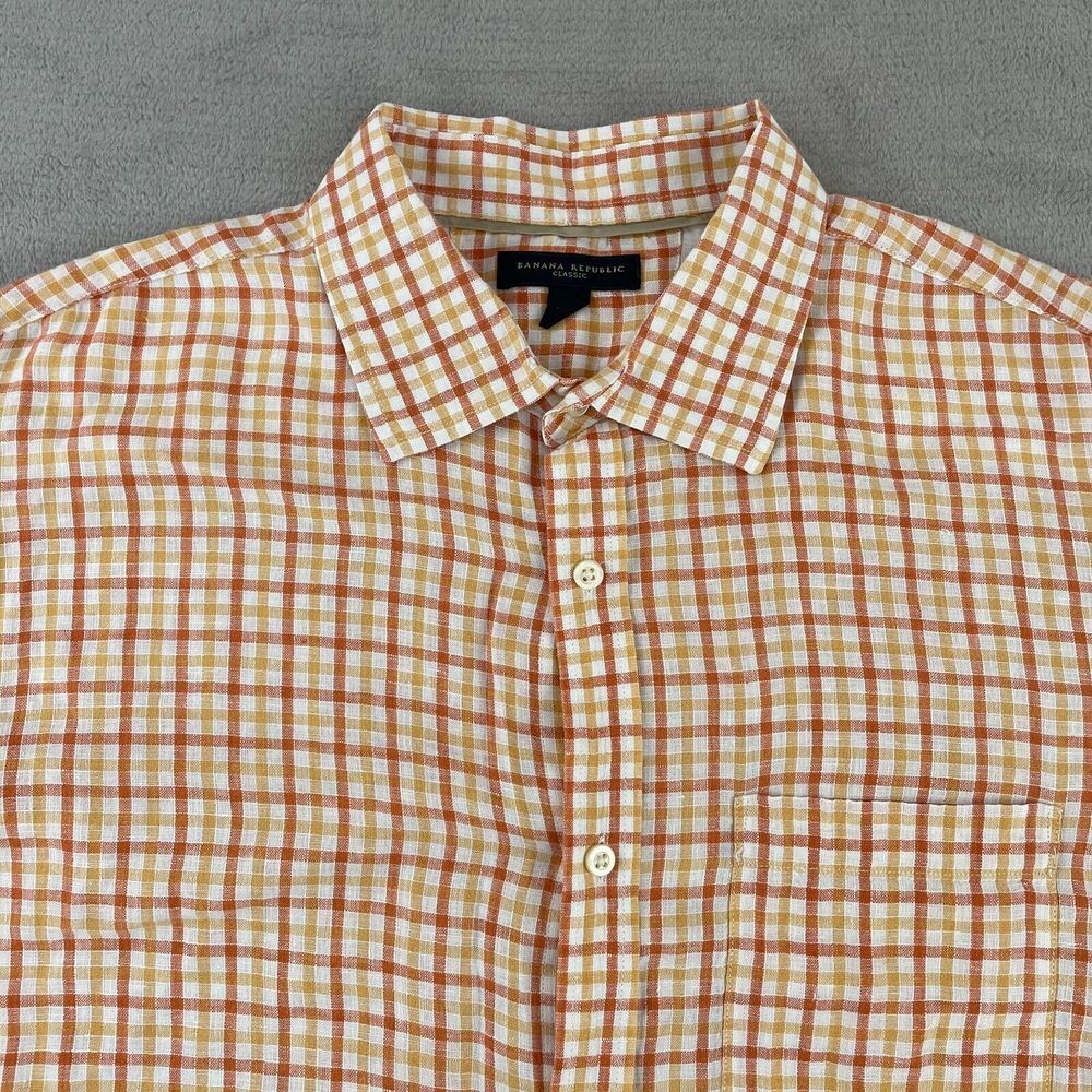 Banana Republic Shirt Men XL White Orange Check 100% Linen Long Sleeve Preppy